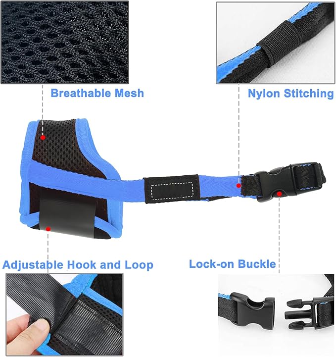 LUCKYPAW Dog Muzzle Anti Biting Barking and Chewing with Comfortable Mesh Soft Fabric and Adjustable Strap, Suitable for Small, Medium and Large Dogs(Blue Trim,XS)