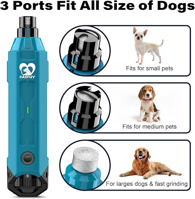 Casfuy 6-Speed Dog Nail Grinder Newest - Super Quiet Pet Nail Grinder Rechargeable Electric Dog Nail Trimmer Professional Paws Grooming & Smoothing Tool for Large Medium Small Dogs (Bright Blue)