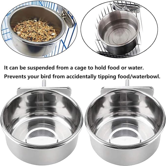 Parrot Feeding Bowls, Bird Cage Cups Holder - Stainless Steel Food and Water Dish, Bird Feeders with Clamp for Parakeet African Greys Conure Cockatiels Lovebird Budgie Chinchilla