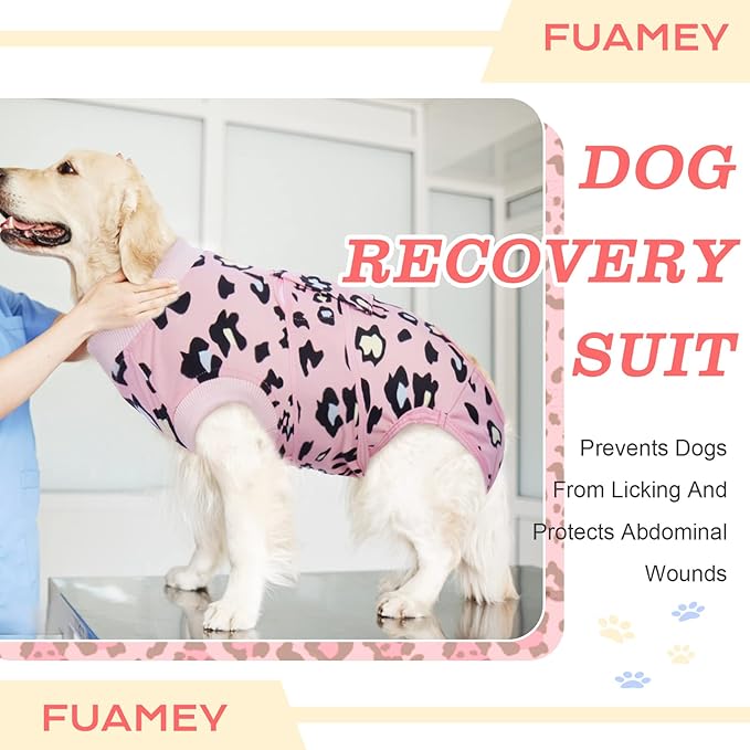 FUAMEY Recovery Suit for Dogs After Surgery,Soft Breathable Dog Bodysuit E-Collar & Cone Alternative Surgical Suit,Male Female Dog Neuter Spay Suits Anti Licking Wounds Onesie Pink Leopard XS