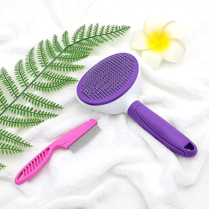 Cat Brushes for Indoor Cats, Dog Brush for Shedding with Metal Cat Comb, Self Cleaning Pet Hair Brush with Release Button for Grooming Kitten(Purple)