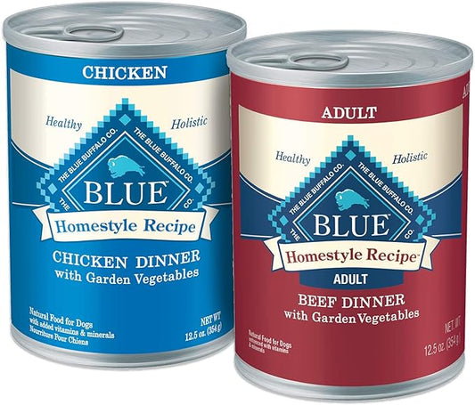 Blue Buffalo Homestyle Recipe Natural Adult Wet Dog Food, Chicken & Beef 12.5-oz cans (24 count- 12 of each flavor)