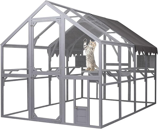 110 Inch Large Wooden Catio Outdoor Cat Enclosure w/ 2 Napping Houses, Luxury Pet-House with Jumping Platforms & Weatherproof Roof, Walk-in Kitty Kennel Condo Shelter