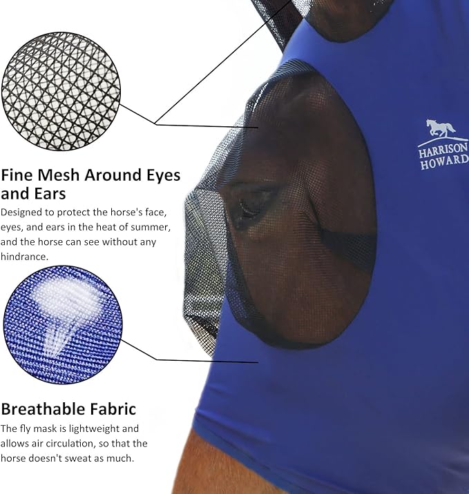 Harrison Howard Super Comfort Stretchy Fly Mask Large Eye Space with UV Protection Soft on Skin with Breathability Navy Blue XL Extra Full Size