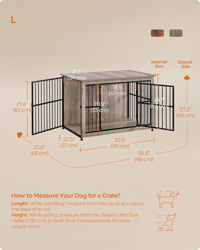 Feandrea Dog Crate Furniture, Side End Table, Modern Kennel for Dogs Indoor up to 70 lb, Heavy-Duty Dog Cage with Enclosed Base, Double-Door Dog House, Heather Greige UPFC023G01