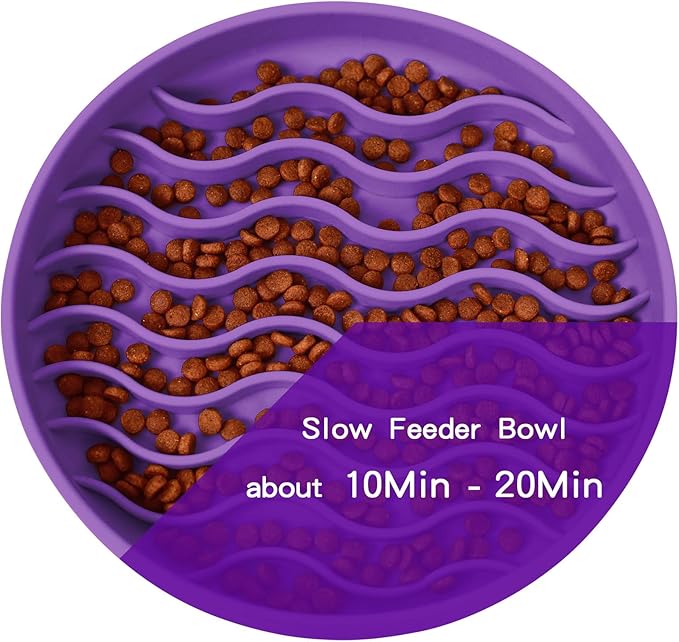 Slow Feeder Dog Bowls, Silicone Food Bowl Anti-Gulping, Pets Puppy Slow Feeder with Suction Cups, Dishwasher Microwave Safe for All Small Medium Dogs, Wave Design Purple