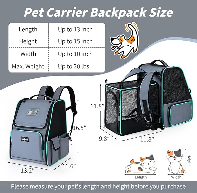 Cat Backpack Carrier, Expandable Pet Dog Backpack Carrier for Small Medium Cat Dog Under 20LBS, Ventilated Pet Backpack for Hiking Travel Outdoor Use, Gray