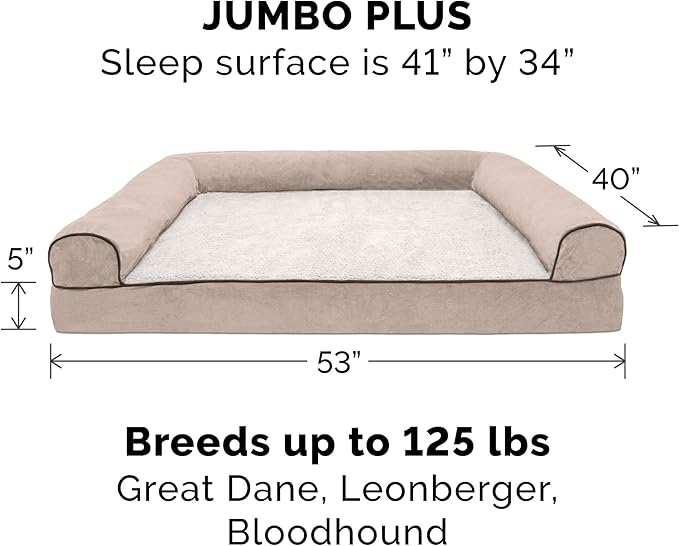 Furhaven Orthopedic Dog Bed for Large Dogs w/ Removable Bolsters & Washable Cover, For Dogs Up to 125 lbs - Sherpa & Chenille Sofa - Cream, Jumbo Plus/XXL