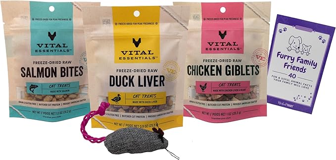 Vital Essentials VitalCat Freeze-Dried Raw Cat Treats 3 Flavor Variety - (1) Each: Salmon, Duck Liver, Chicken Giblets (.9-1.1 Ounces) - Plus Catnip Toy and Fun Animal Facts Booklet Bundle