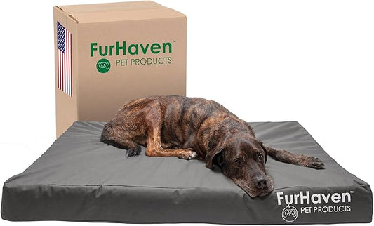 Furhaven Water-Resistant Memory Foam Dog Bed for Large Dogs w/ Removable Washable Cover, For Dogs Up to 125 lbs - Indoor/Outdoor Logo Print Oxford Polycanvas Mattress - Stone Gray, Jumbo Plus/XXL