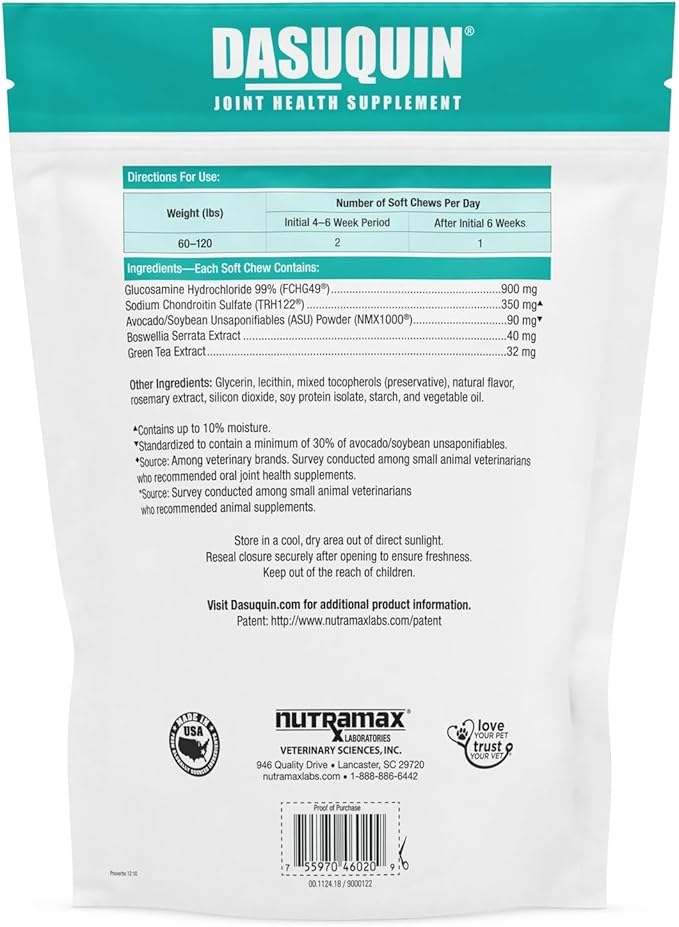 Nutramax Dasuquin Joint Health Supplement for Large Dogs - With Glucosamine, Chondroitin, ASU, Boswellia Serrata Extract, and Green Tea Extract, 84 Soft Chews