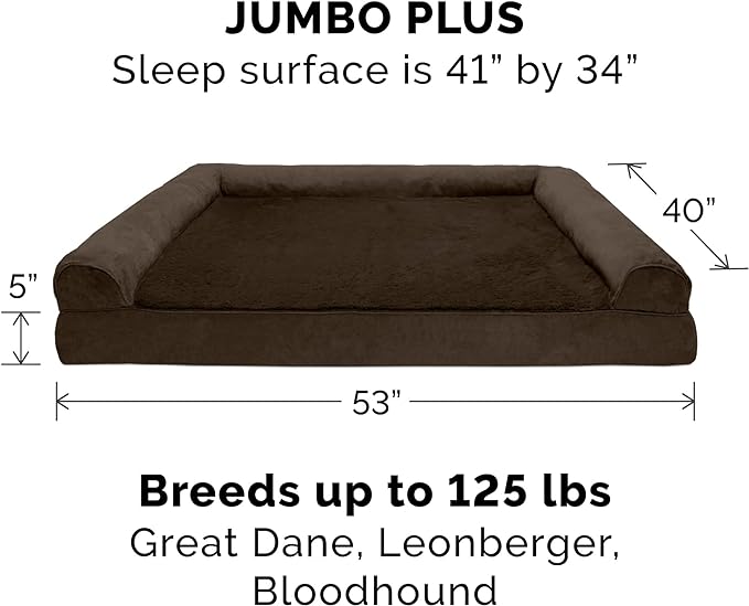 Furhaven Orthopedic Dog Bed for Large Dogs w/ Removable Bolsters & Washable Cover, For Dogs Up to 125 lbs - Plush & Suede Sofa - Espresso, Jumbo Plus/XXL