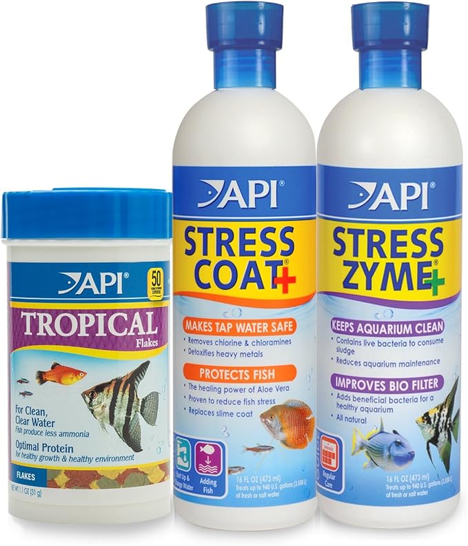 API Aquarium Water Conditioner & Tropical Food Bundle Pack: One (1) API Stress Coat 16 oz., one (1) API Stress Zyme 16 oz., one (1) API Tropical Flakes Fish Food 1.1 oz.