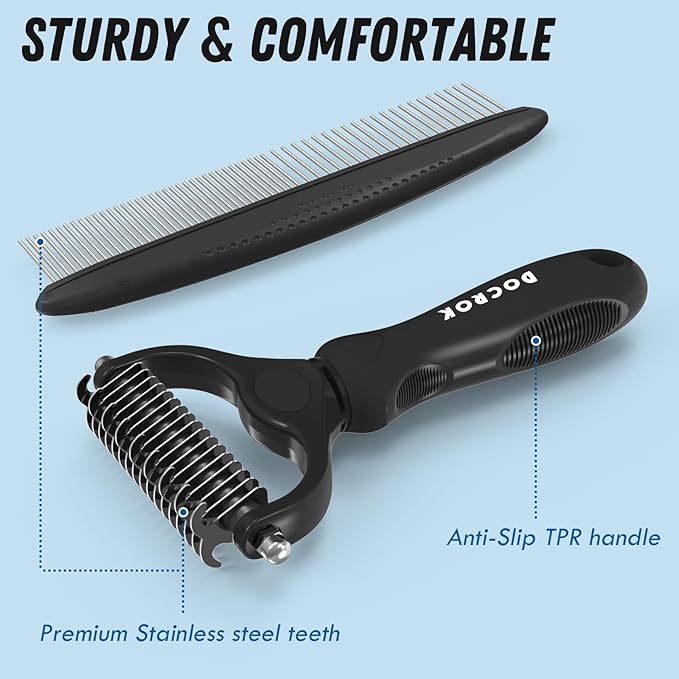 Pet Grooming Brush and Metal Comb Combo, Cat Brush Dog Brush for Shedding, Undercoat Rake for Dogs Grooming, Dematting Deshedding Brush Dogs Shedding Tool for Long matted Haired Pets, Black