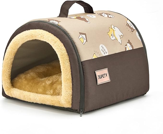 Jiupety Cozy Small Pet Dog House, 2 in 1 Puppy House, S Size for Cat and Puppy, Warm Cave Sleeping Nest for Cats and Dogs, Brown