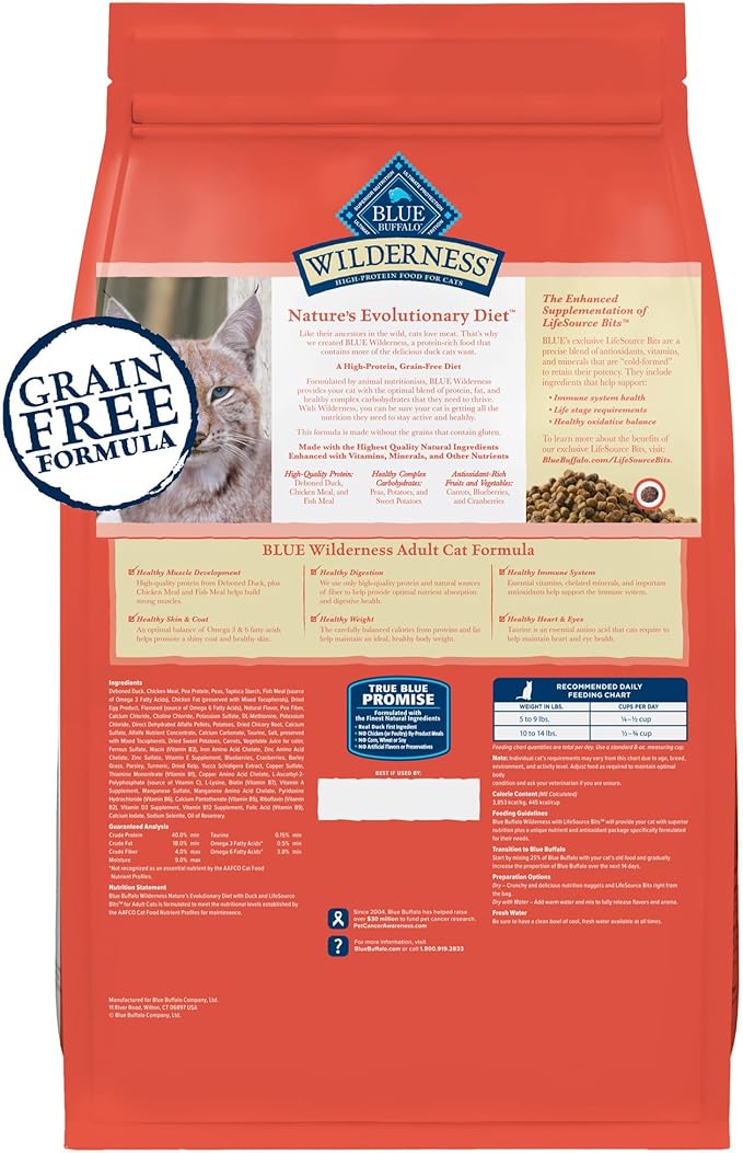 Blue Buffalo Wilderness High-Protein, Grain-Free Natural Dry Food for Adult Cats, Weight and Hairball Control, Chicken, 5-lb. Bag