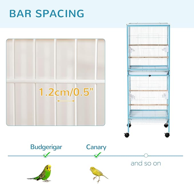 PawHut Large Bird Cage with 1.7 ft. Width for Wingspan, Bird Aviary Indoor with Multi-Door Design, Fit for a Canary, Finch, Conure, 55", Light Blue