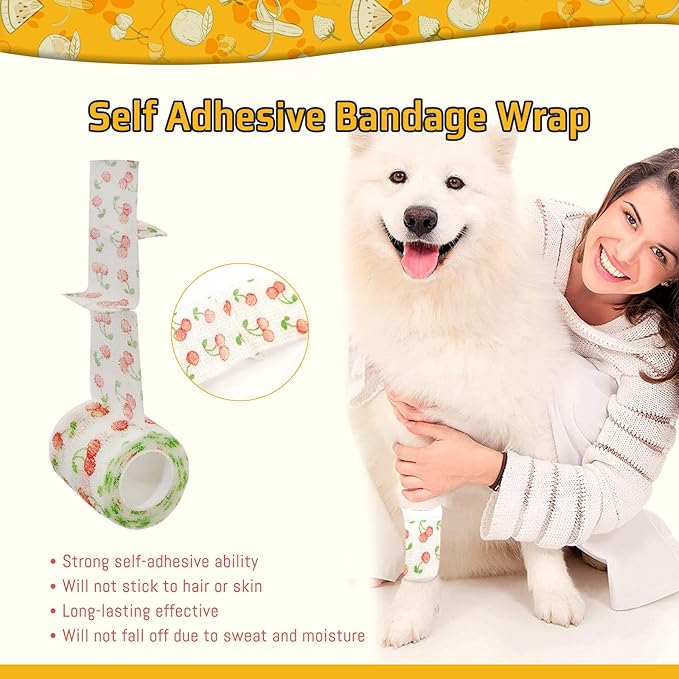 Vet Wrap Cute Fruit Self Adhesive Bandage Wrap, 6 Pack Adhesive Non Woven Bandage Wrap, Breathable Self Stick Bandages Wrap, 2 Inch Paw Bandages for Dog Cat Horse Pet Animals Wounds