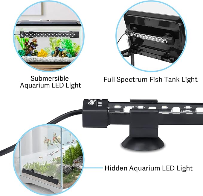 hygger 24/7 Mode Submersible Aquarium LED Light, Full Spectrum Hidden Fish Tank Light with 3 Rows Beads 7 Colors Auto On Off Sunrise-Daylight-Moonlight, Adjustable Timer Brightness 12W