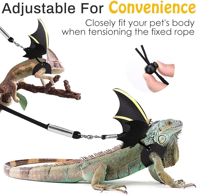 Pawaboo Adjustable Bearded Dragon Harness and Leash, 3 Size Leather Reptile Leash Outdoor Harness Leash with Bat Wings for Lizard Reptiles Amphibians Small Pet, Small/Medium/Large, Black+Gold