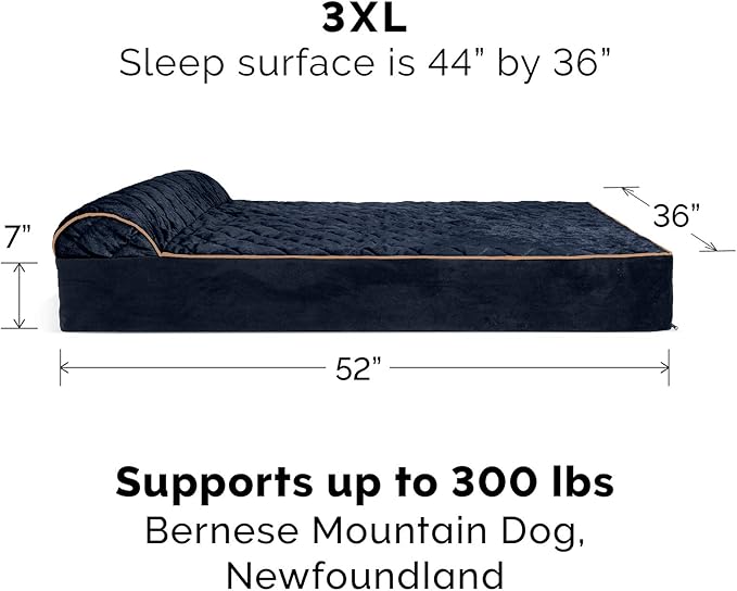 Furhaven Orthopedic Dog Bed for Extra Large Dogs w/ Bonus Water-Resistant Liner & Removable Washable Cover, For Dogs Up to 300 lbs - Goliath Quilted Faux Fur & Velvet Bolster Chaise - Dark Blue, 3XL