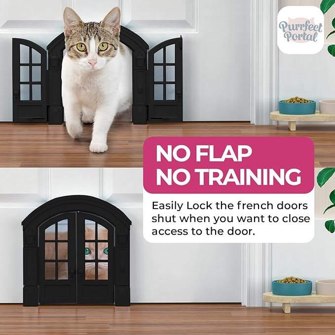 Purrfect Portal French Cat Door - Stylish No-Flap Cat Door Interior Door for Average-Sized Cats Up to 20 lbs, Easy DIY Setup, Secured Installation in Minutes, No Training Needed, 7.13 x 8.32”