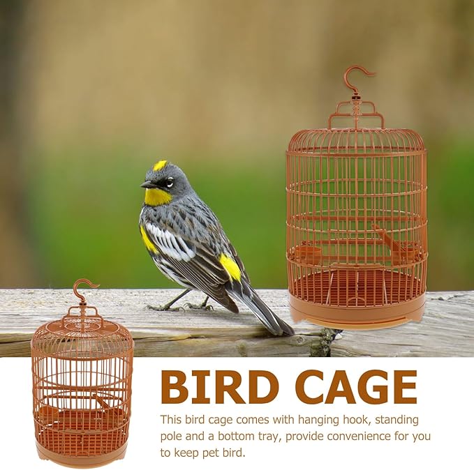 Small Bird Cage Bird Cage Plastic Round Bird Cage with Feeding Bowls and Standing Poles - Hanging Bird Cage for Parakeet Budgie Cockatiel Lovebird Finches Canary - Brown, 10 x 18 Bird Cages