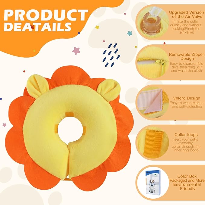 IEUUMLER Inflatable Recovery Dog Collar, Protective Donut Cone, Adjustable Soft Collar for Dog and Cat After Surgery Prevent from Biting & Scratching EU002 (S (Neck:5"-7.1"), Orange Lion)