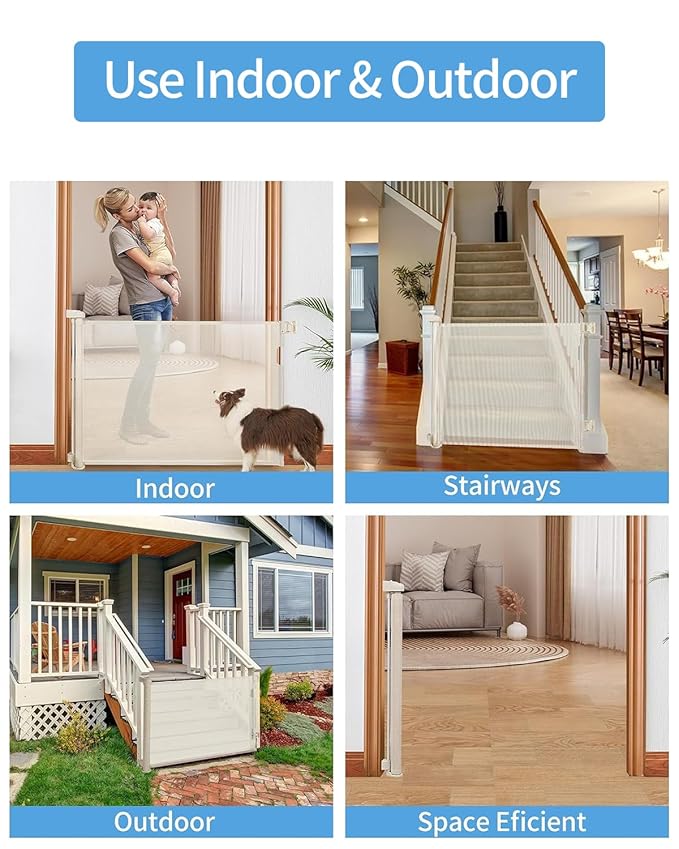 Retractable Baby Gate,Mesh Baby Gate or Mesh Dog Gate,33" Tall,Extends up to 55" Wide,Child Safety Gate for Doorways, Stairs, Hallways, Indoor/Outdoor（Beige,33"x55")