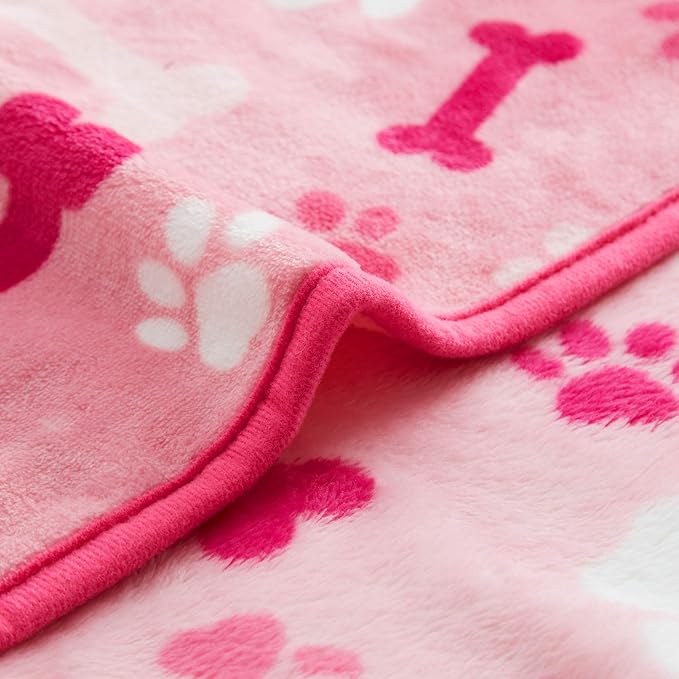 Allisandro Luxurious Dog Blanket, 350 GSM Super Fuzzy Microplush Fleece Pet Blankets for Small Medium Large Dogs and Cats, Pink Paw and Bone, 40" x 32"