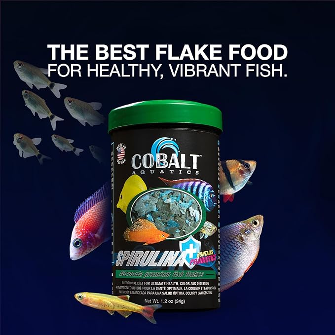 Cobalt Aquatics Spirulina with Blue Flakes 1.2oz - Premium Fish Food for Vibrant Health - Ideal for Fish Tanks, Aquariums