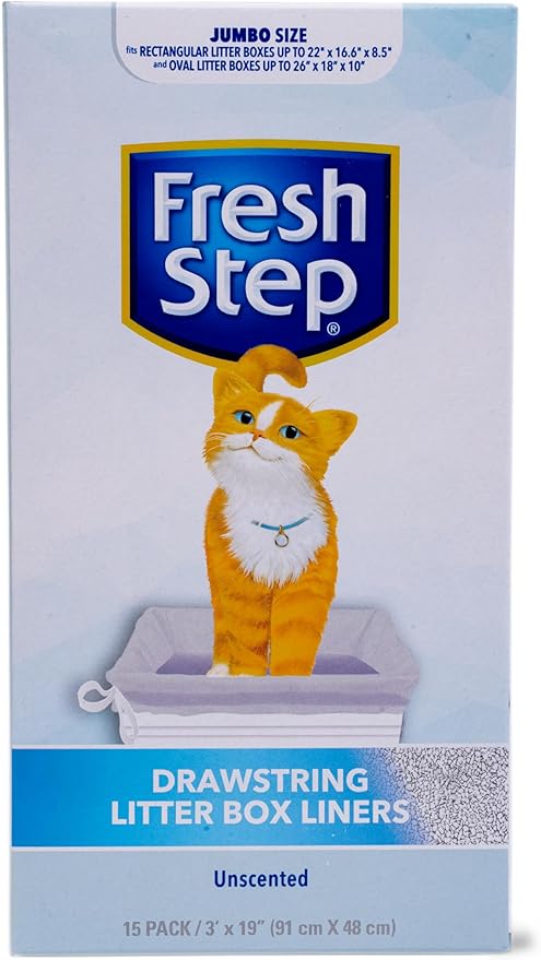 Fresh Step Drawstring Cat Litter Box Liners, Unscented, Size Jumbo, 36" x 19" | Kitty Litter Bags - Cat Litter Liners for Rectangle or Oval Large Litterboxes, 15 Count - 12 Pack