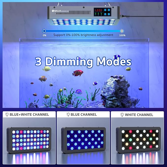 WILLS Aquarium Light, Remote Dimmable Full Spectrum Fish Tank Light with 3 Dimming Modes, 55 Premium SMD Chips, LED Touch Screen & Timer for Saltwater Freshwater Coral Reef Plant (15.7"x8.2"x2.7")