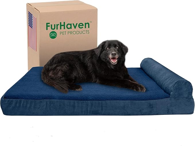 Furhaven Memory Foam Dog Bed for Large Dogs w/ Removable Bolster & Washable Cover, For Dogs UP to 125 lbs - Fleece & Corduroy Bolster Chaise - Navy, Jumbo Plus/XXL