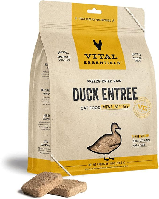 Vital Essentials Freeze Dried Raw Cat Food, Duck Mini Patties Entree, 8 oz