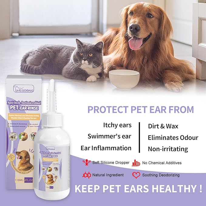Dog Ear Cleaner,Ear Infection Treatment for Pet,Dog Ear Cleaning Solution for Itch Relief, Soothe Ear Inflammation, with 10 Cotton Swabs.