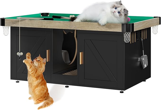 DWVO Cat Litter Box Enclosure for 2 Cats, Litter Box Enclosure Furniture Hidden with Double Room, 2-in-1 Wooden Cat Cabinet with Mini Pool Table Tower, 2 Feather Teaser Sticks & 8 Felt Balls, Black