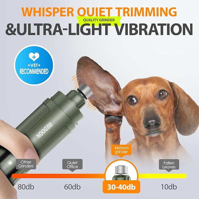 Dog Nail Grinder Upgraded - Professional 3-Speed Super Quiet and Low Vibration Electric Pet Nail Grinder with 4 LED Lights - Painless Paws Grooming & Smoothing for Small to Large Dogs (Green)