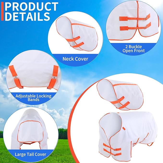 2 Pieces 600d Waterproof Horse Sheet 78" Size Stylish White and Orange Horse Vest with Neck to Protect Your Horse Against Flies and UV Brace for Summer and Rainy