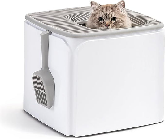 IRIS USA Premium Top Entry Cat Litter Box with Scoop, Square Cat Litter Box Enclosure, Kitty Litter Box, White/Gray