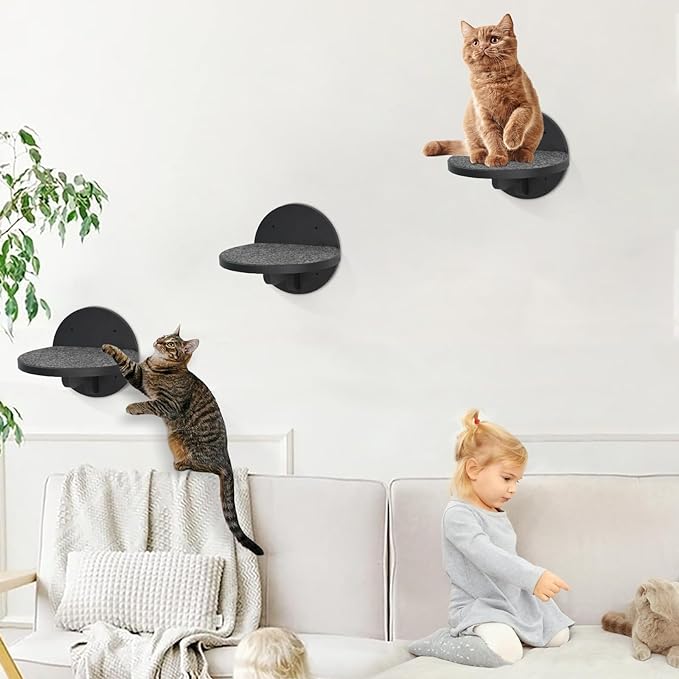 Y&ME YM 3-Packs Cat Climbing Shelves Wall Mounted, Cat Wall Steps Shelves, Cat Wall Shelves with Scratching Pad, Cat Wall Furniture for Cats Sleep Climb Play, Cat Shelves Cat Stairs Cat Ladder (Black)