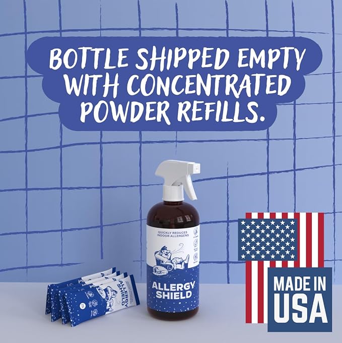 [4 Pack] AllergyShield Cat Dander Spray for House - Allergen Spray for Fabric & Surfaces - USA Made Dust Matter, Pollen & Pet Dander Remover, Cat Allergy Reducer, Cat Relief for Humans