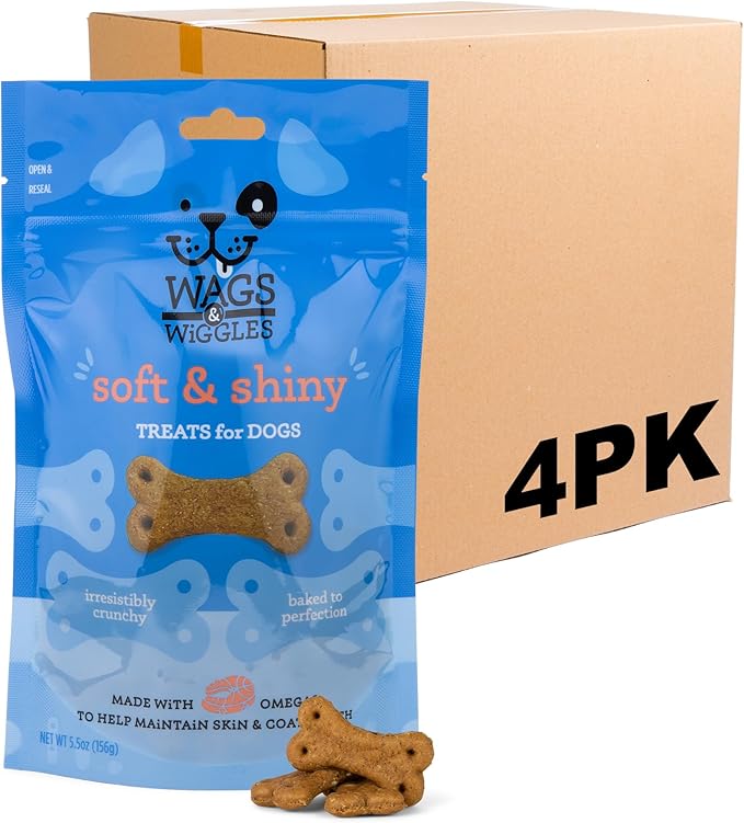 Wags & Wiggles Soft & Shiny Treats for Dogs, Chicken Flavor, Resealable Bag | Skin & Coat Support Functional Treats for Dogs with Salmon for Skin Health, 5.5 Ounce - 4 Pack