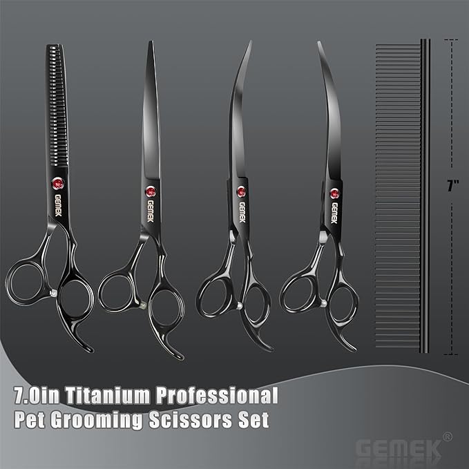 7.0in Titanium Professional Dog Grooming Scissors Set, GEMEK 6 in 1 Straight & Thinning & Upwards Curved & Downwards Curved Scissors & Comb for Dogs, Cats and Other Animals