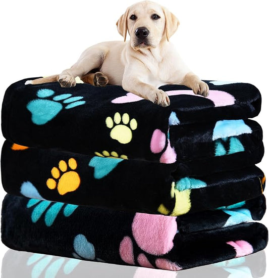 Dog Blankets for Dogs, 3 Pack Large Blanket Medium Blanket Dog Cat Soft Fuzzy Blankets Washable,Comfort Flannel,Fuzzy Soft Blankets for Dogs,Pet Blanket,Reversible Print,41 x 31 inch，Black