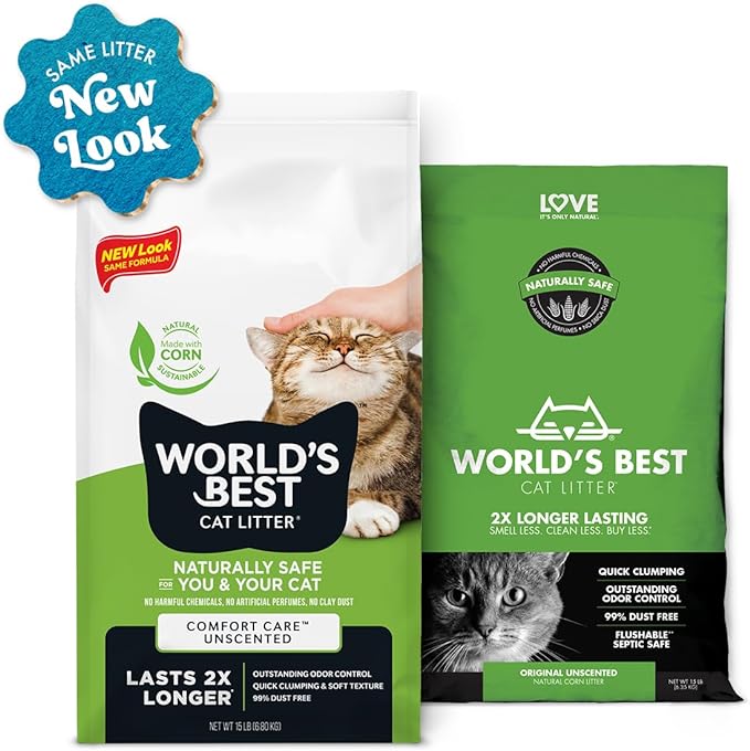 WORLD'S BEST CAT LITTER Comfort Care Unscented 15-Pounds - Natural Ingredients, Quick Clumping, Flushable, 99% Dust Free & Made in USA - Long-Lasting Odor Control & Easy Scooping