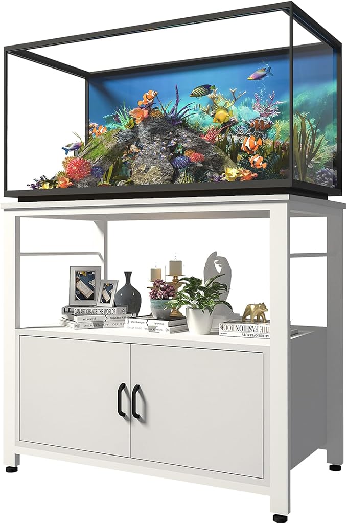 Fish Tank Stand Metal Aquarium Stand with Cabinet Accessories Storage 40-50 Gallon, Double Layer Metal with Storage Weight Capacity 760lbs, White