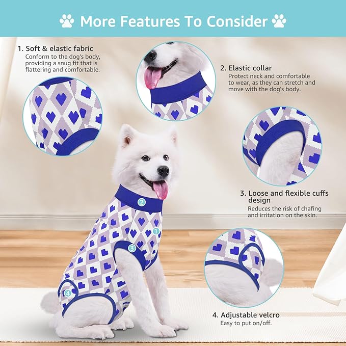 Recovery Suit for Dogs, Dog Recovery Suit Male Female Post Spay, Neuter, Abdominal Surgery Recovery Suit with an Inner Layer Pocket, Prevent Licking Soft Breathable Cotton, Blue, Large+