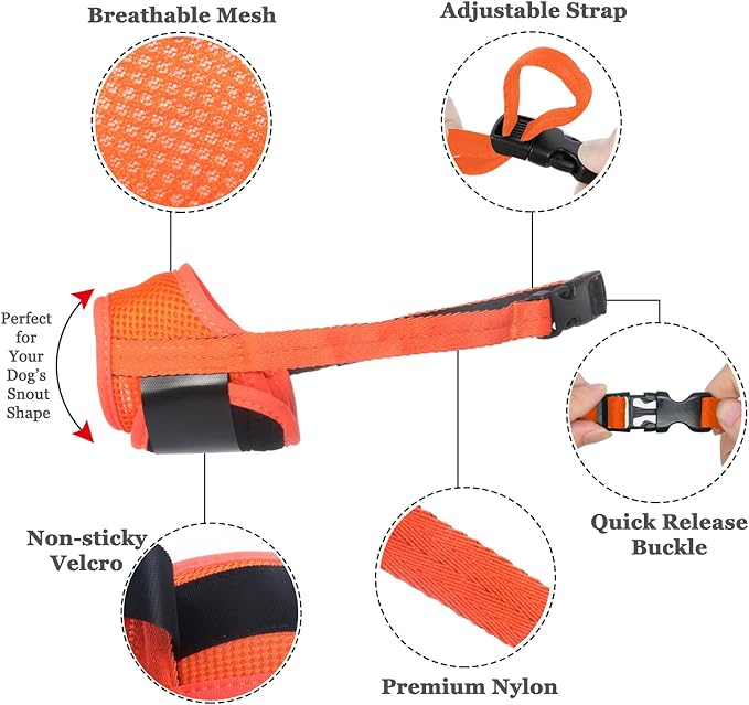 Dog Muzzle Anti Biting Barking and Chewing with Comfortable Mesh Soft Fabric and Adjustable Strap, Suitable for Small, Medium and Large Dogs(All Orange,S)