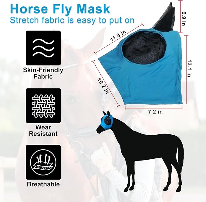 3 Pcs Horse Fly Mask-Fly Masks for Horses with Ears, Breathable Elastic Fabric for Sun Protection for Large/Medium Size Adult Horses (Blue-Black-Gray, Large)